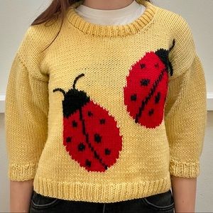 Vintage Yellow Ladybug 3/4 Sleeve Handmade Knit Sweater